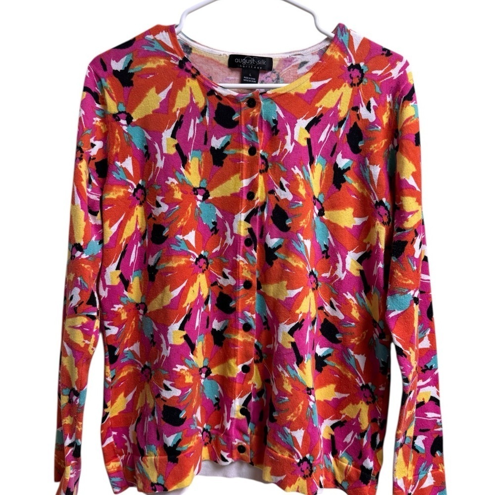 August Silk Heritage Floral Cardigan Sweater Large Multicolor Button Front